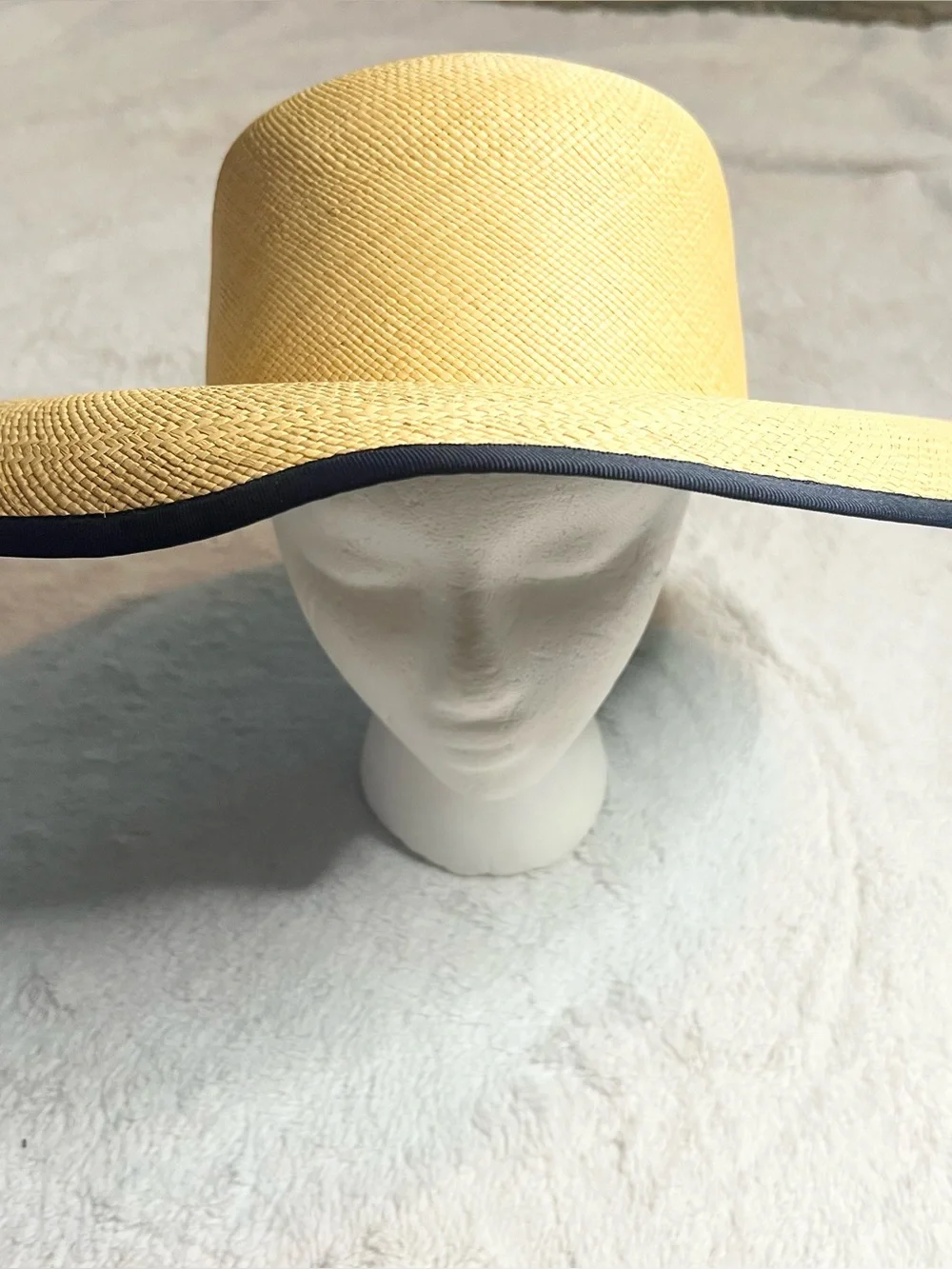 Vintage Charter Club Yellow Straw Sun Hat with Navy Blue Edge and Under Side